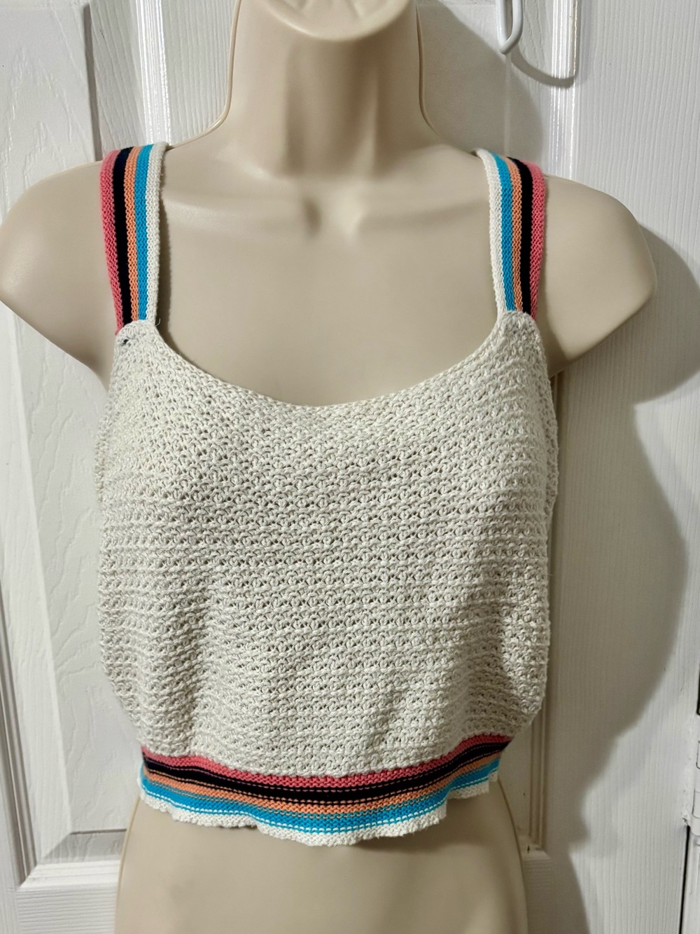 Blue Rain Cream Crochet Tank with Multicolor Striped Trim